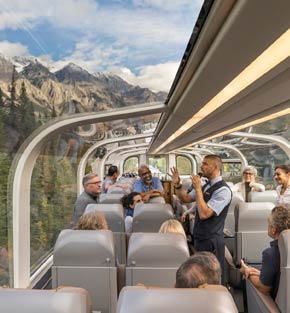 A host telling stories aboard Rocky Mountaineer